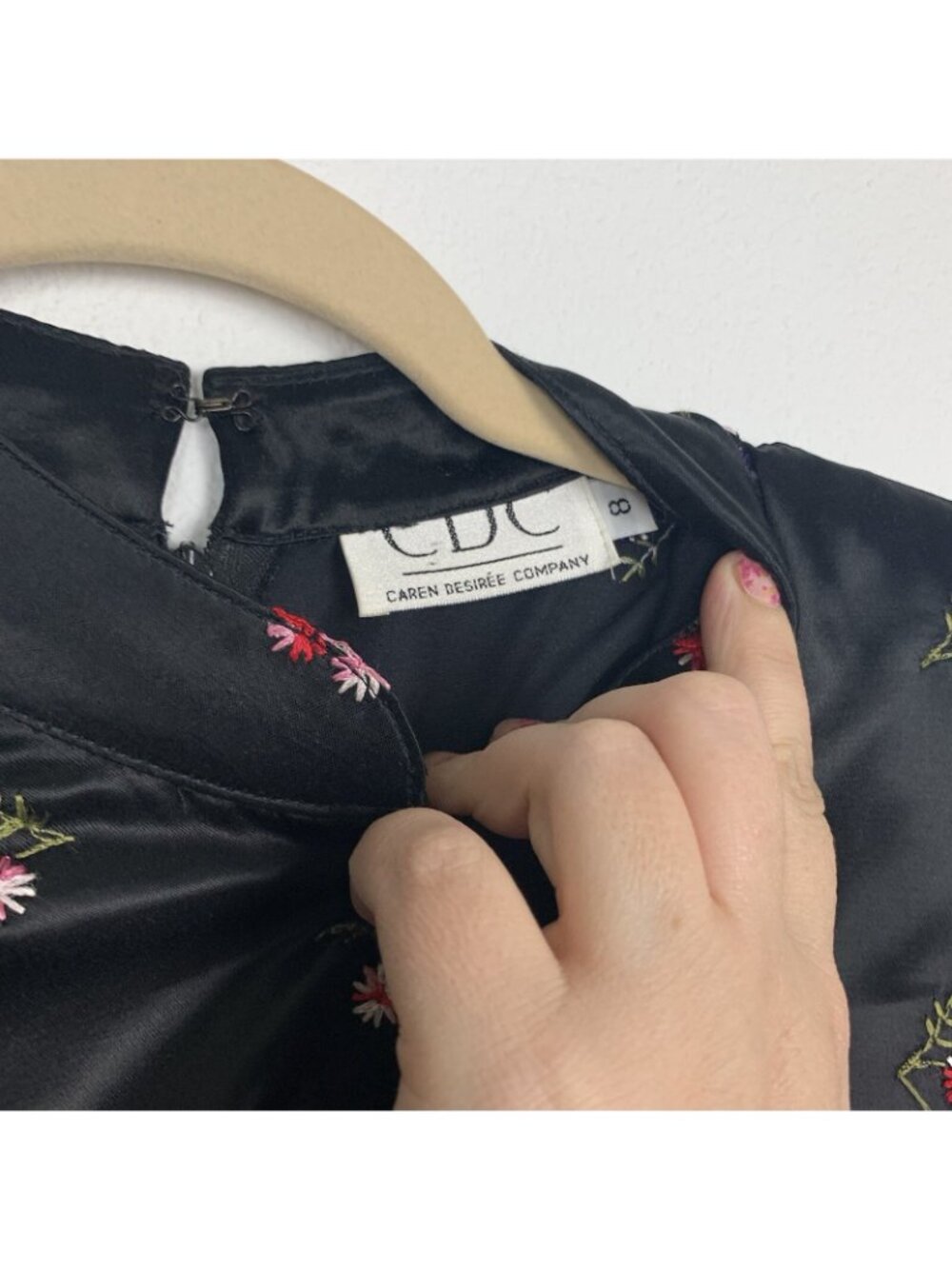 ✨3/$30 VTG Women's 8 CDC Mandarin Collar Black Satin Maxi Dress Asian Floral AGB - Picture 4 of 6